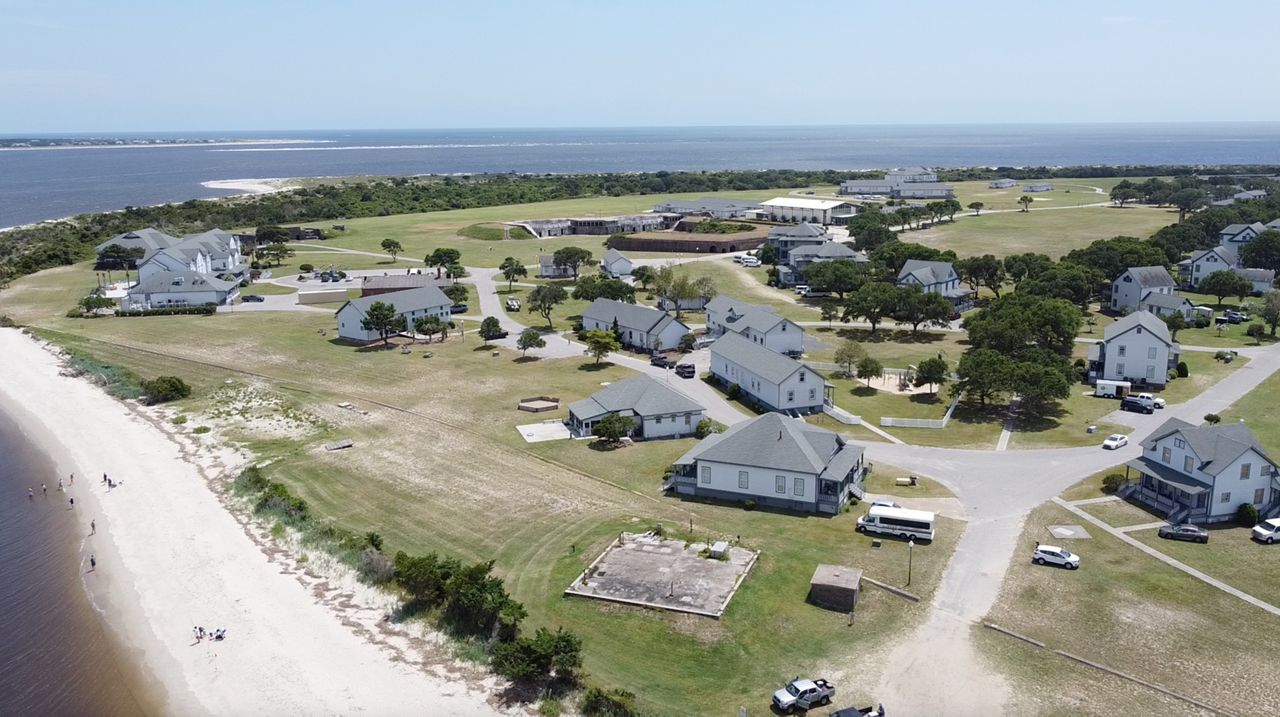 Aerial view of Fort Caswell and the surrounding buildings on the 246-acre property. (Spectrum News 1/Rachel Boyd)